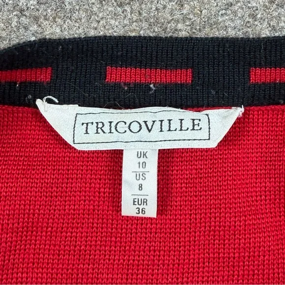 Vintage Tricoville Red Wool Blend Cardigan Sweater Women’s 8 Medium Black Trim - Picture 4 of 8